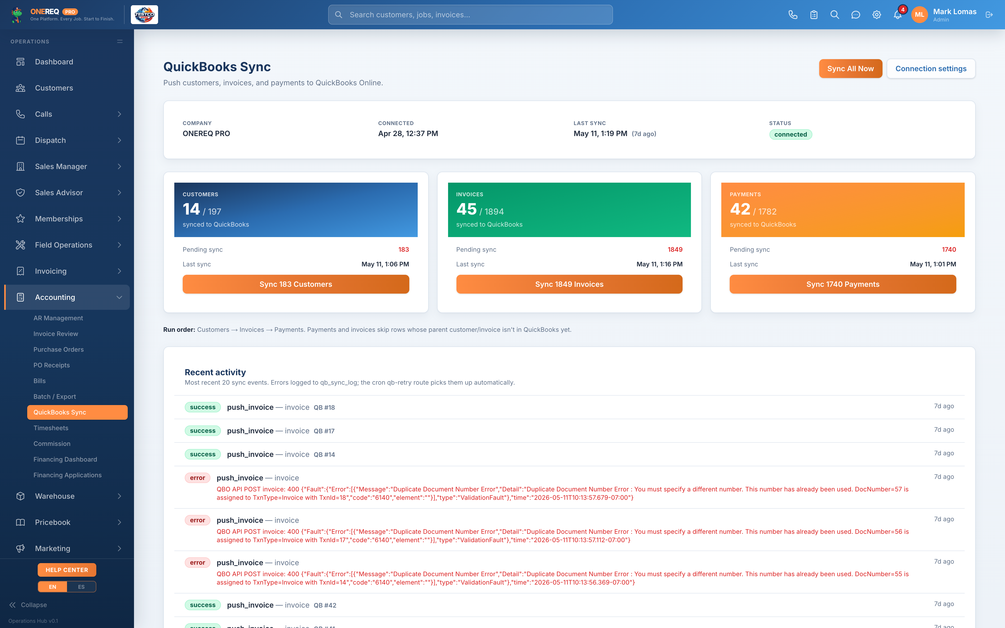 QuickBooks synced