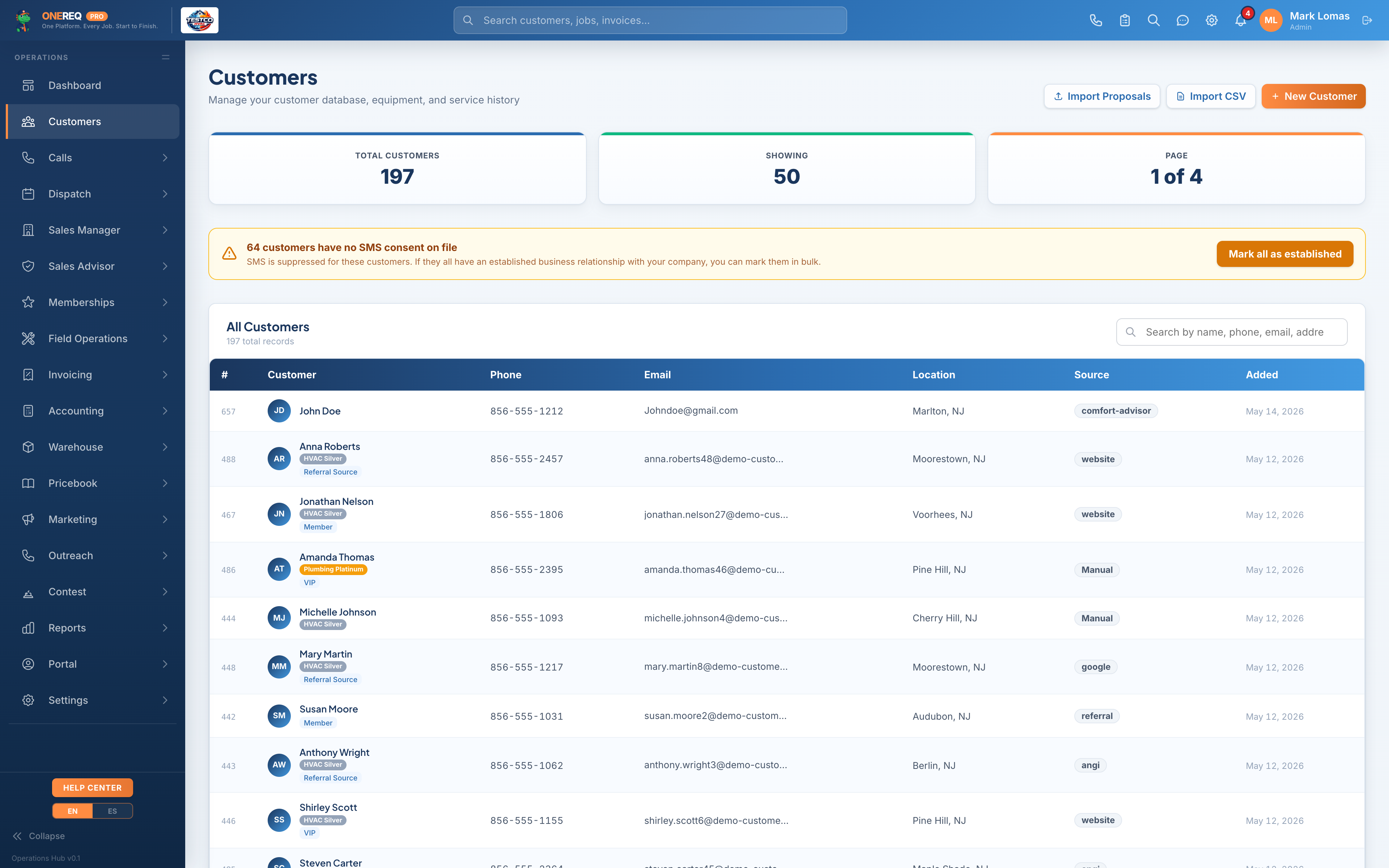 Customer database in ONEREQ PRO