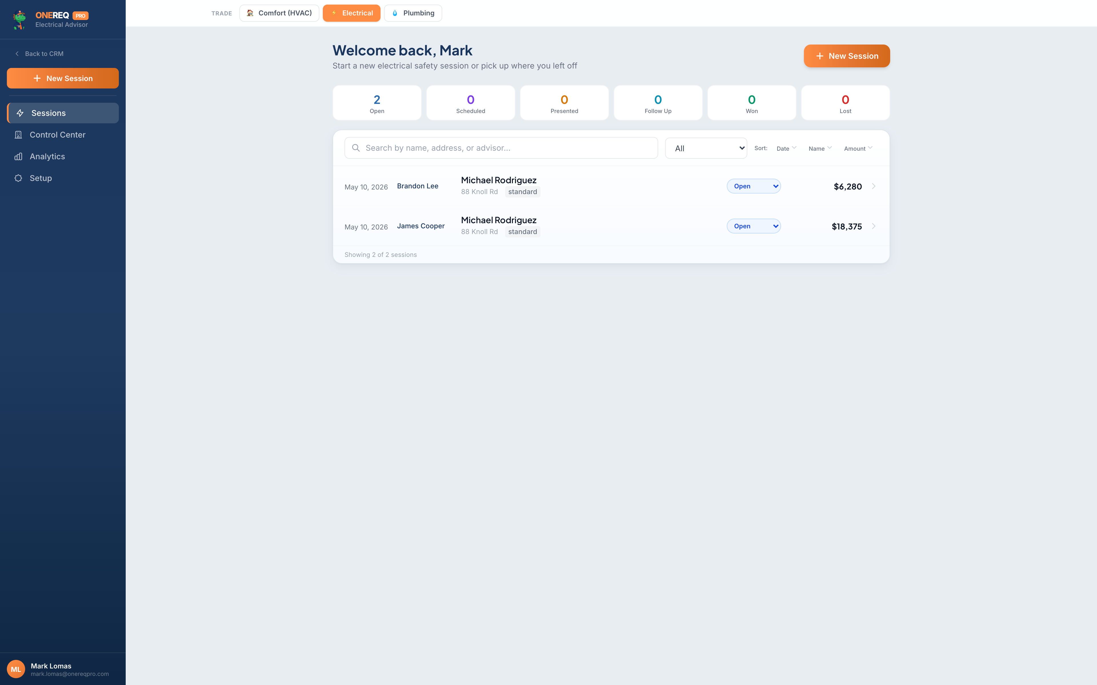 Electrical Advisor — sessions dashboard