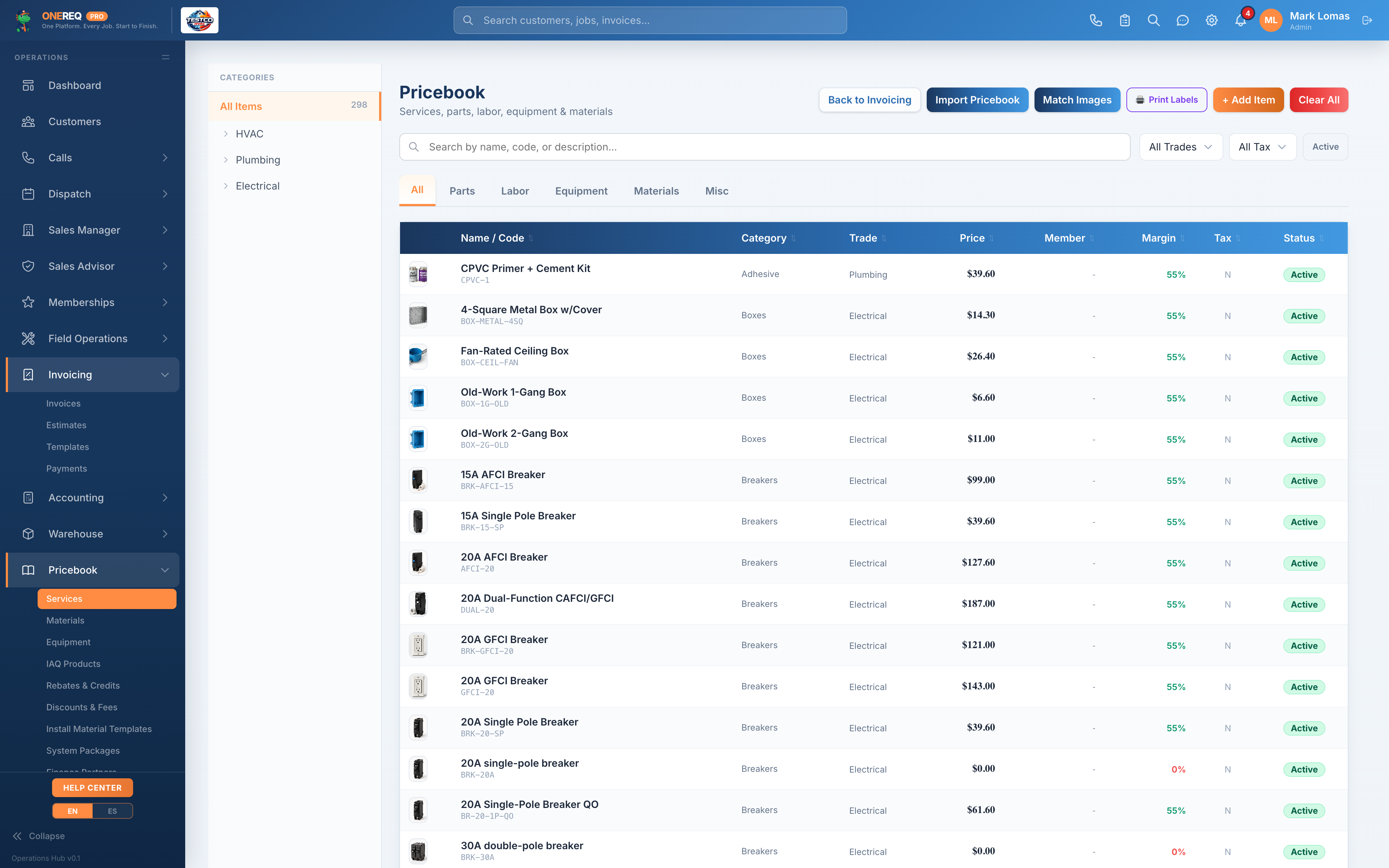 Pricebook imported into ONEREQ PRO
