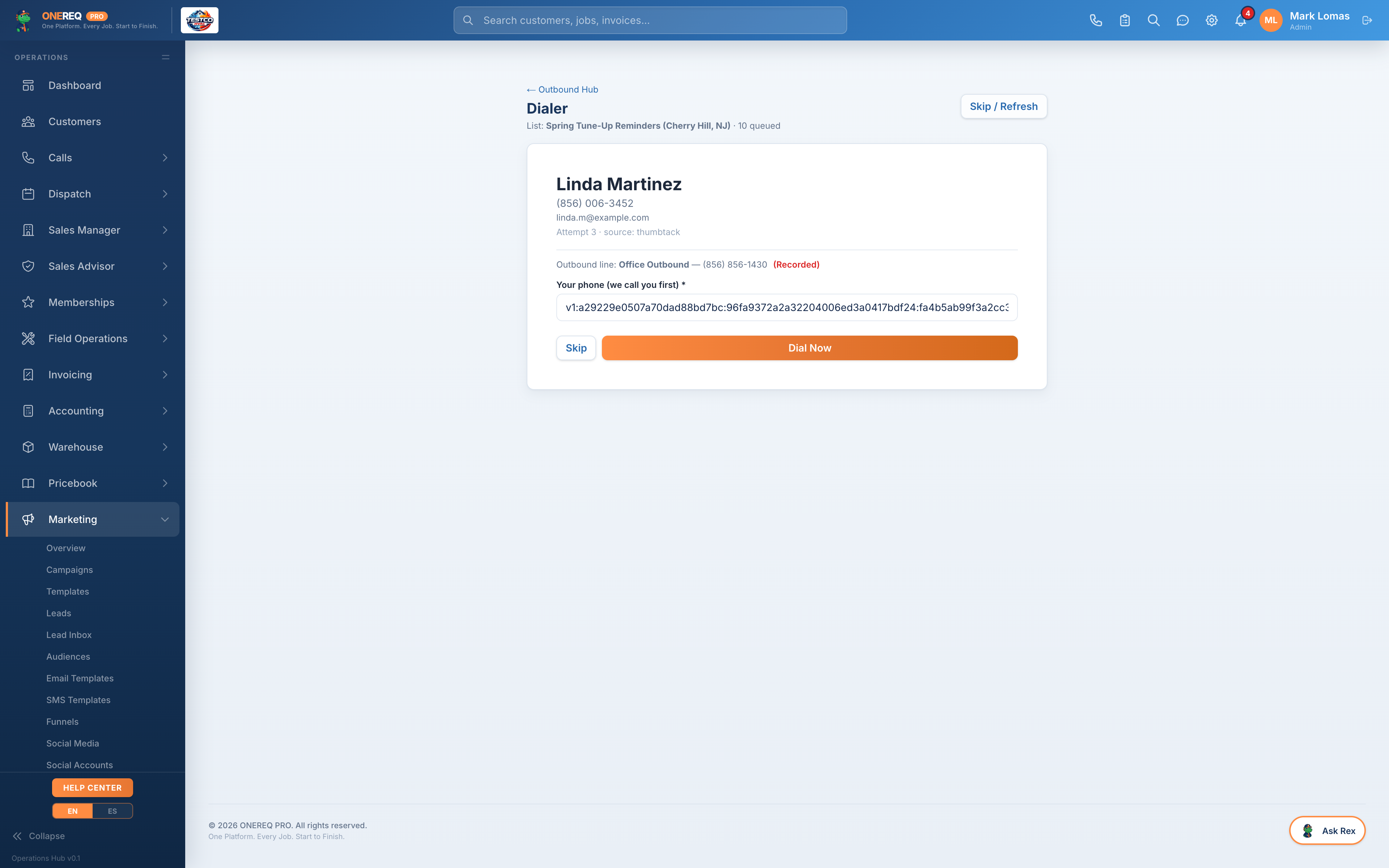 Dialer work screen