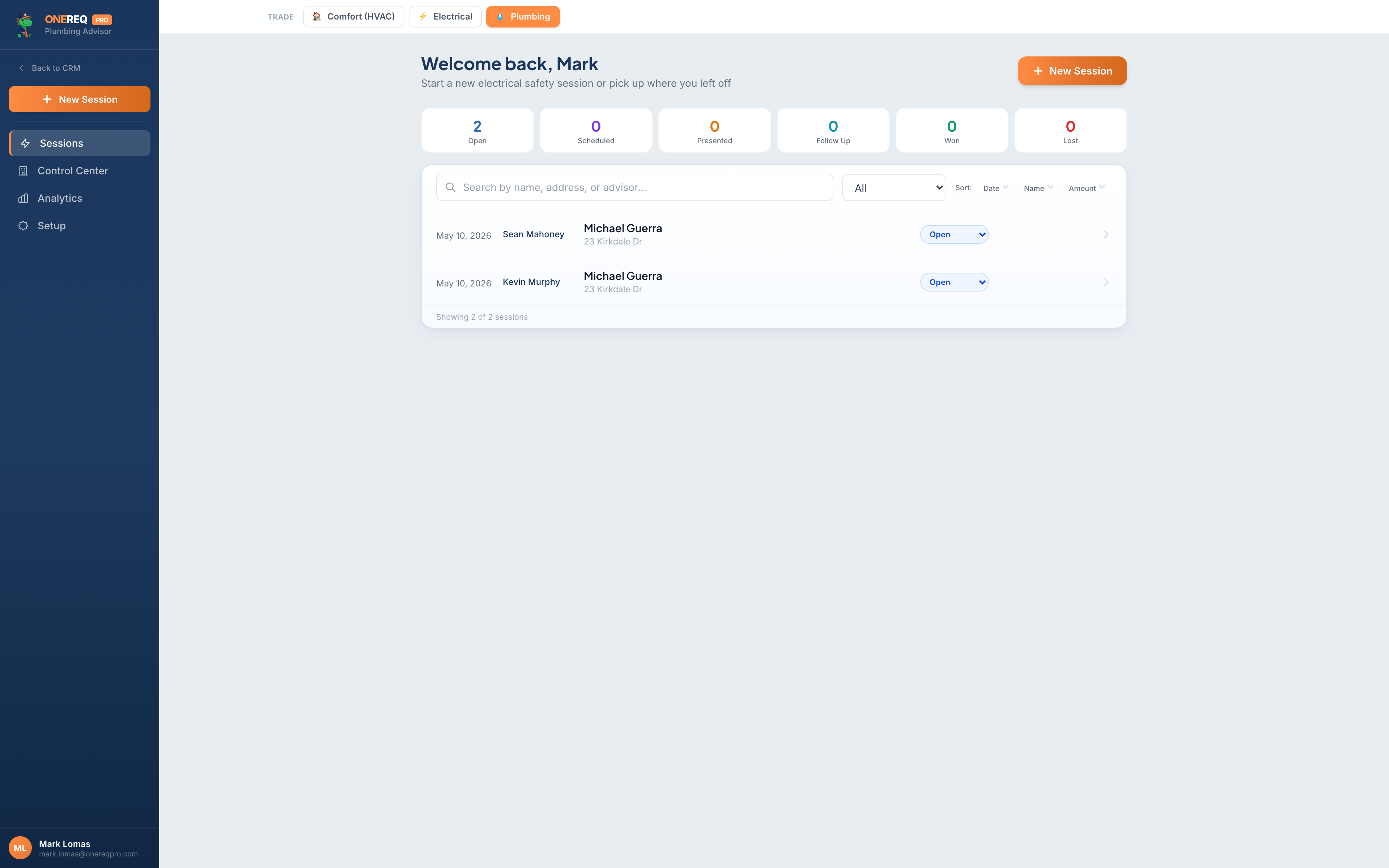 Plumbing Advisor — sessions dashboard