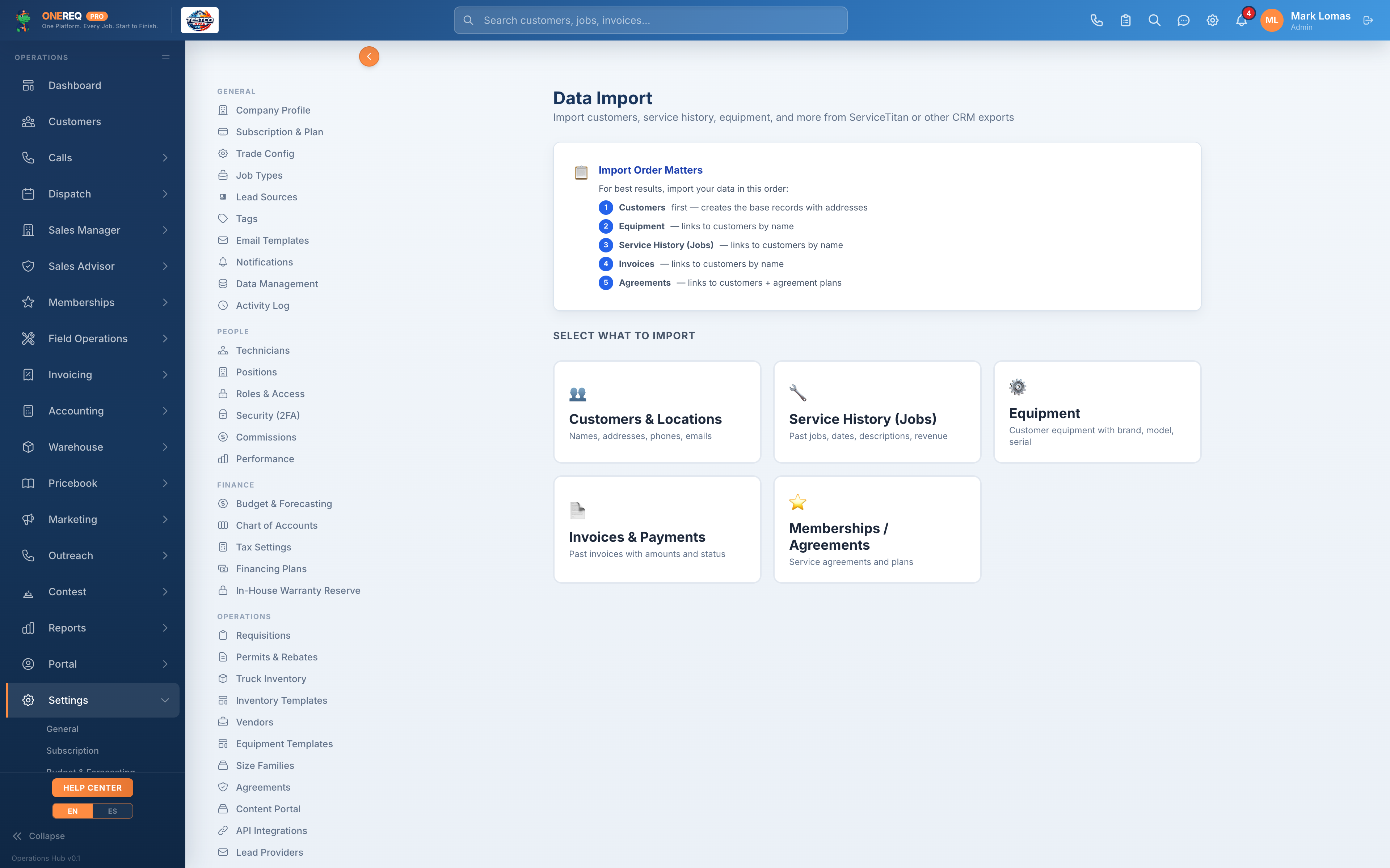 Data import screen