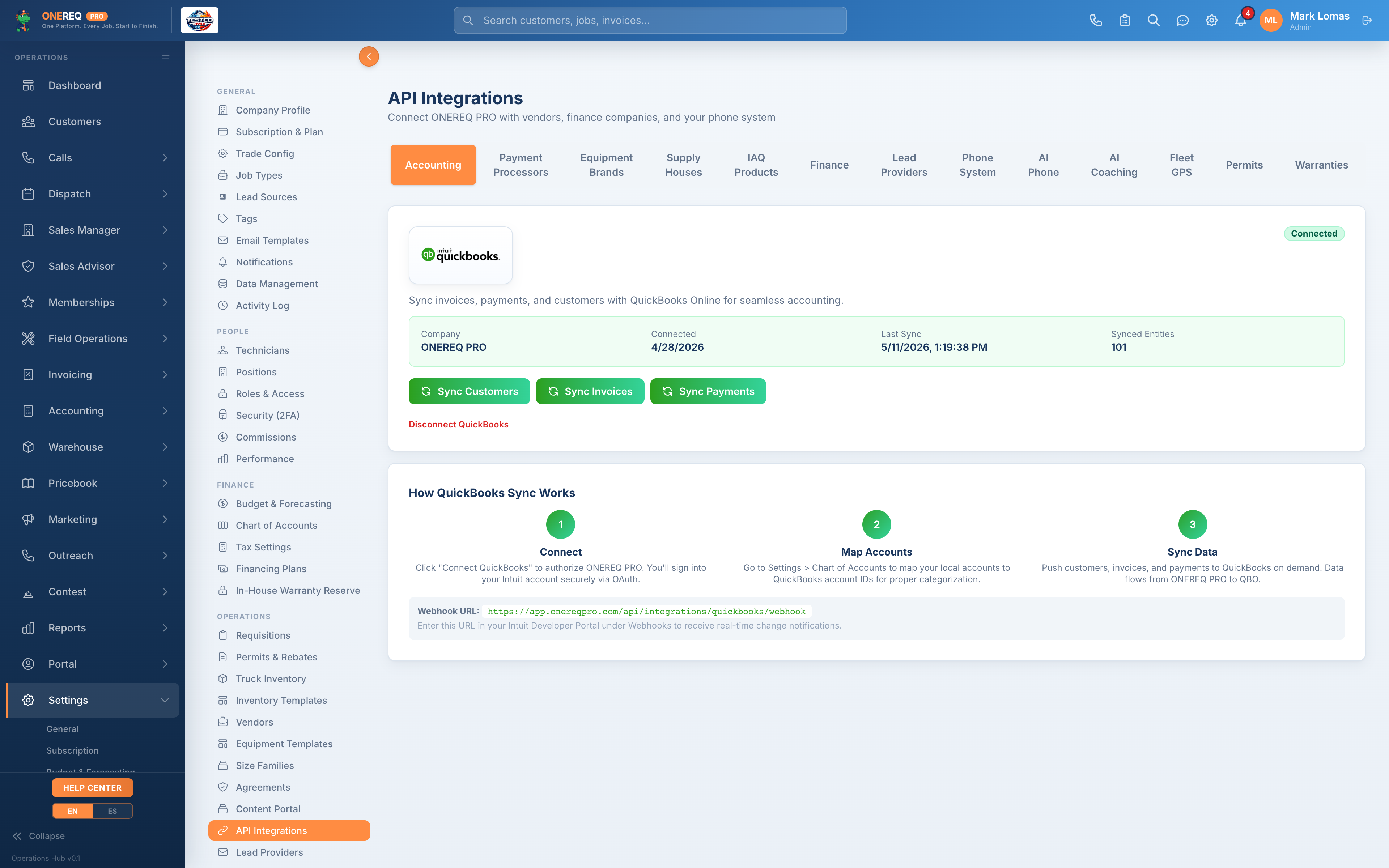 Integrations setup screen
