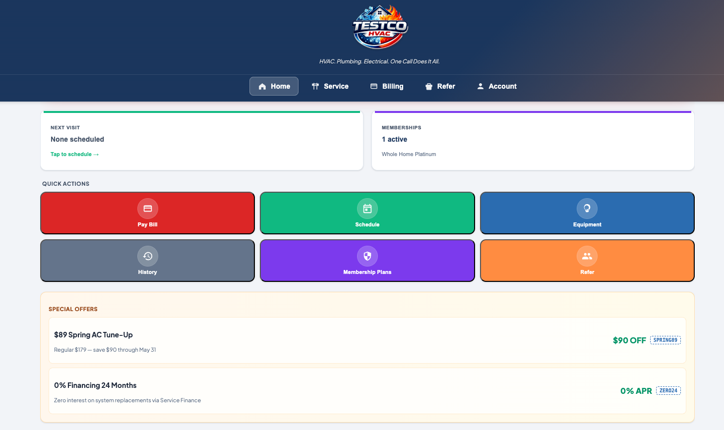 Branded customer portal — TestCo HVAC example