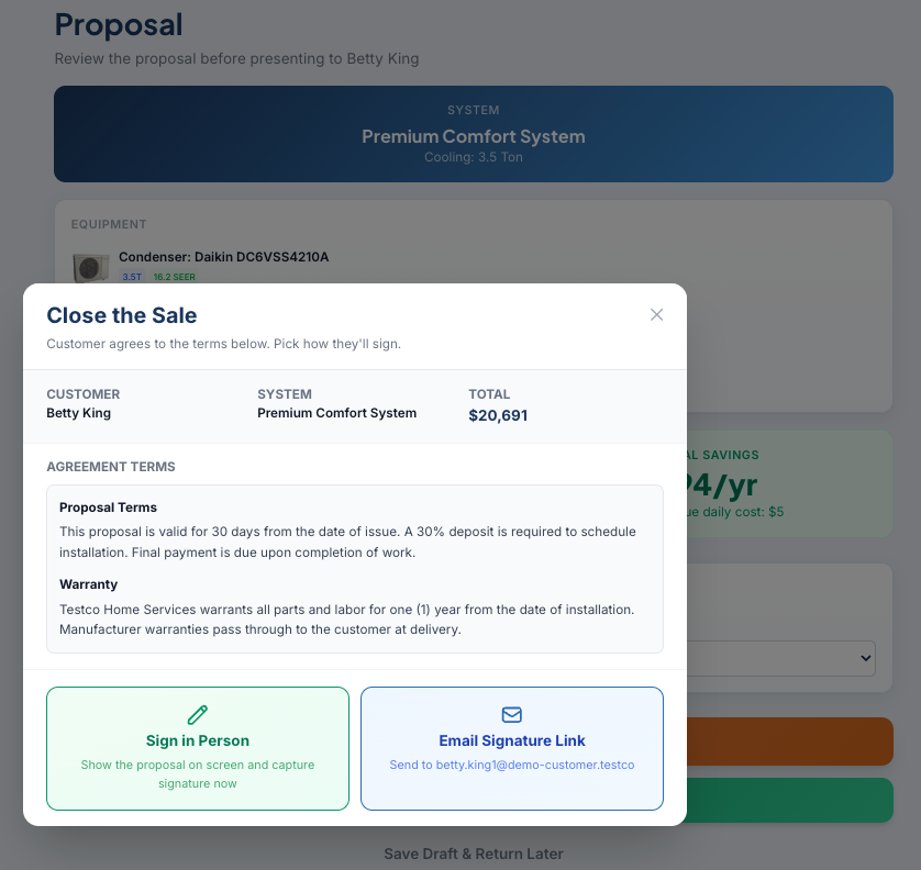 Proposal and sign screen from the Home Comfort Survey